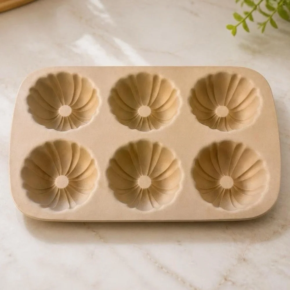 The Pampered Chef Mini Fluted Cake Pan Tan Stoneware Family Heritage USA Made